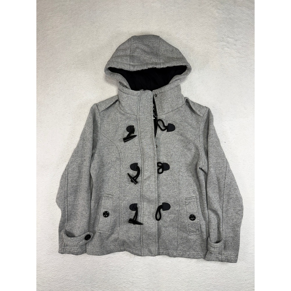 Sebby Grey Twill Hooded Toggle Duffle Coat Jacket Womens Medium 131159